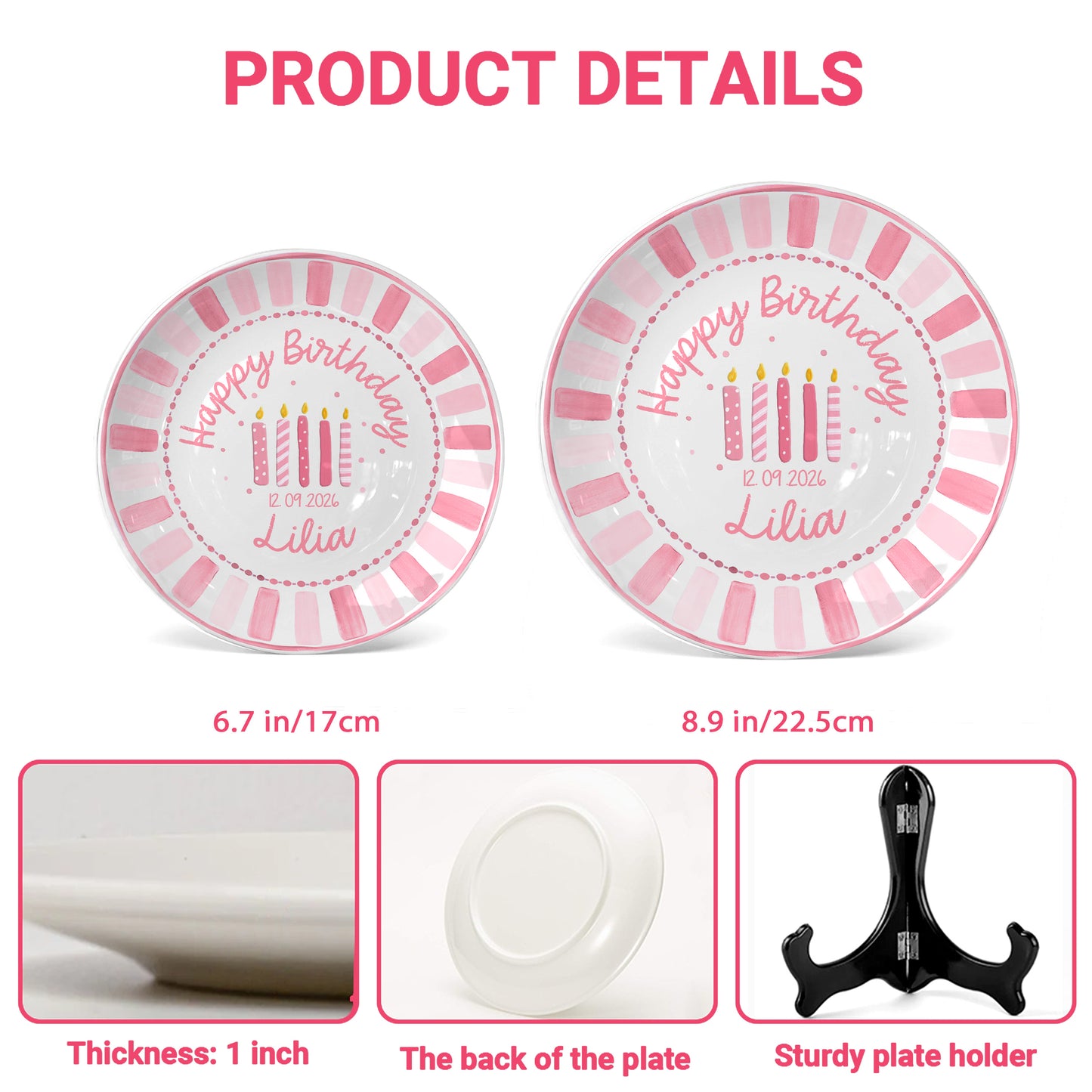 Pink Striped Border with Pink Birthday Candles Personalized Birthday Plate P481HC0