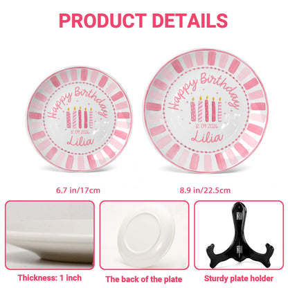 Pink Striped Border with Pink Birthday Candles Personalized Birthday Plate P481HC0