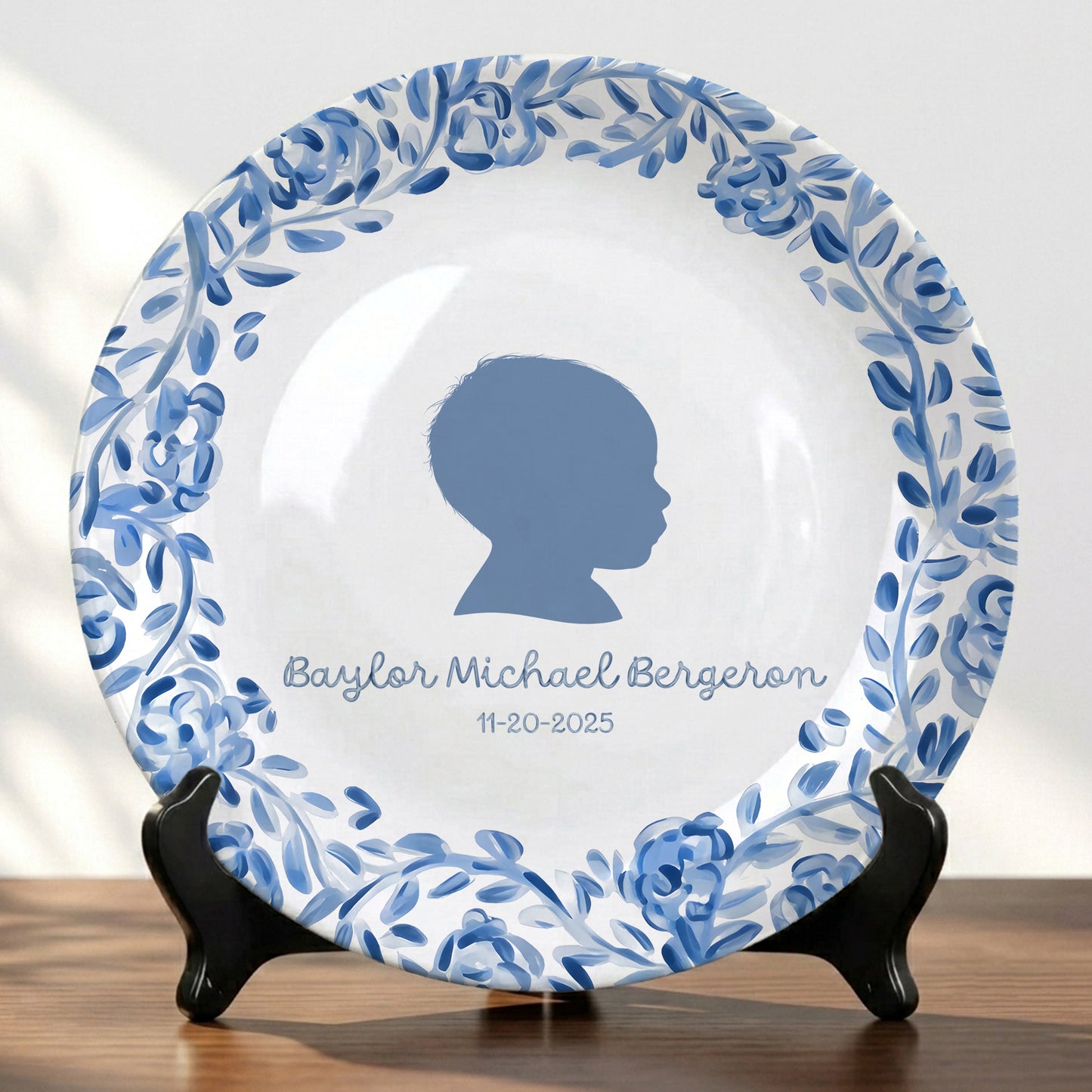 Blue Floral Silhouette Personalized Birthday Plate for Kids, Custom Name and Date Ceramic Keepsake P85LY90