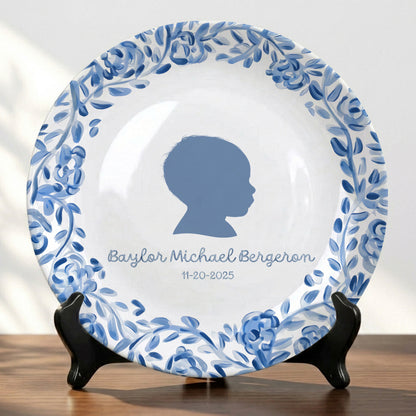 Blue Floral Silhouette Personalized Birthday Plate for Kids, Custom Name and Date Ceramic Keepsake P85LY90