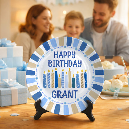 Blue and Tan Striped Border with Birthday Candles Personalized Birthday Plate D49EZG0