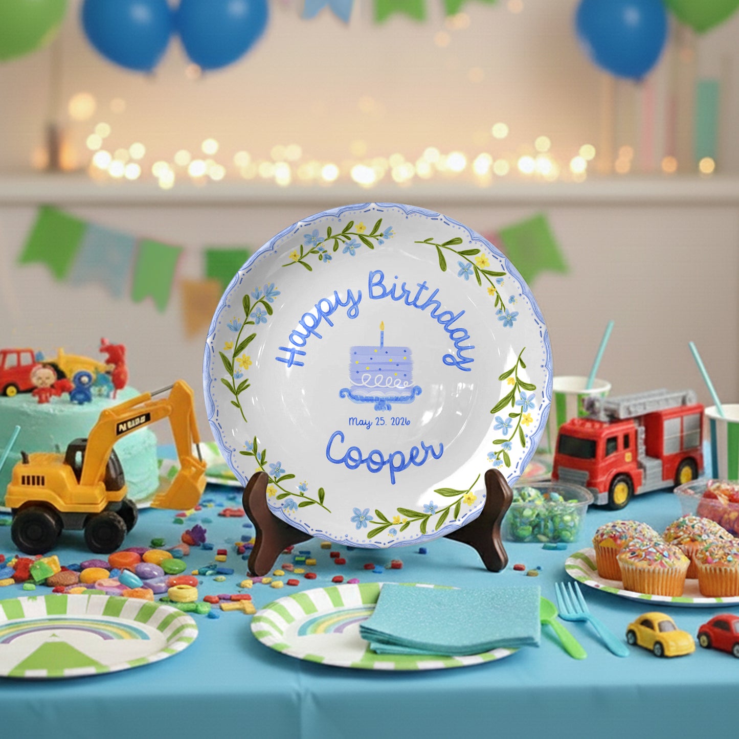 Pink and Blue Floral Plates Personalized Birthday Plate D311DZZ0