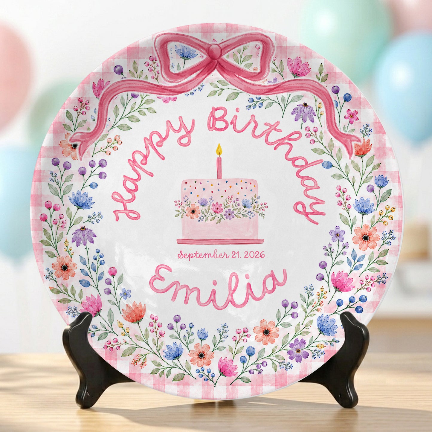 Whimsical Garden Floral Ribbon Keepsake Personalized Birthday Plate for Girls P87NWF0