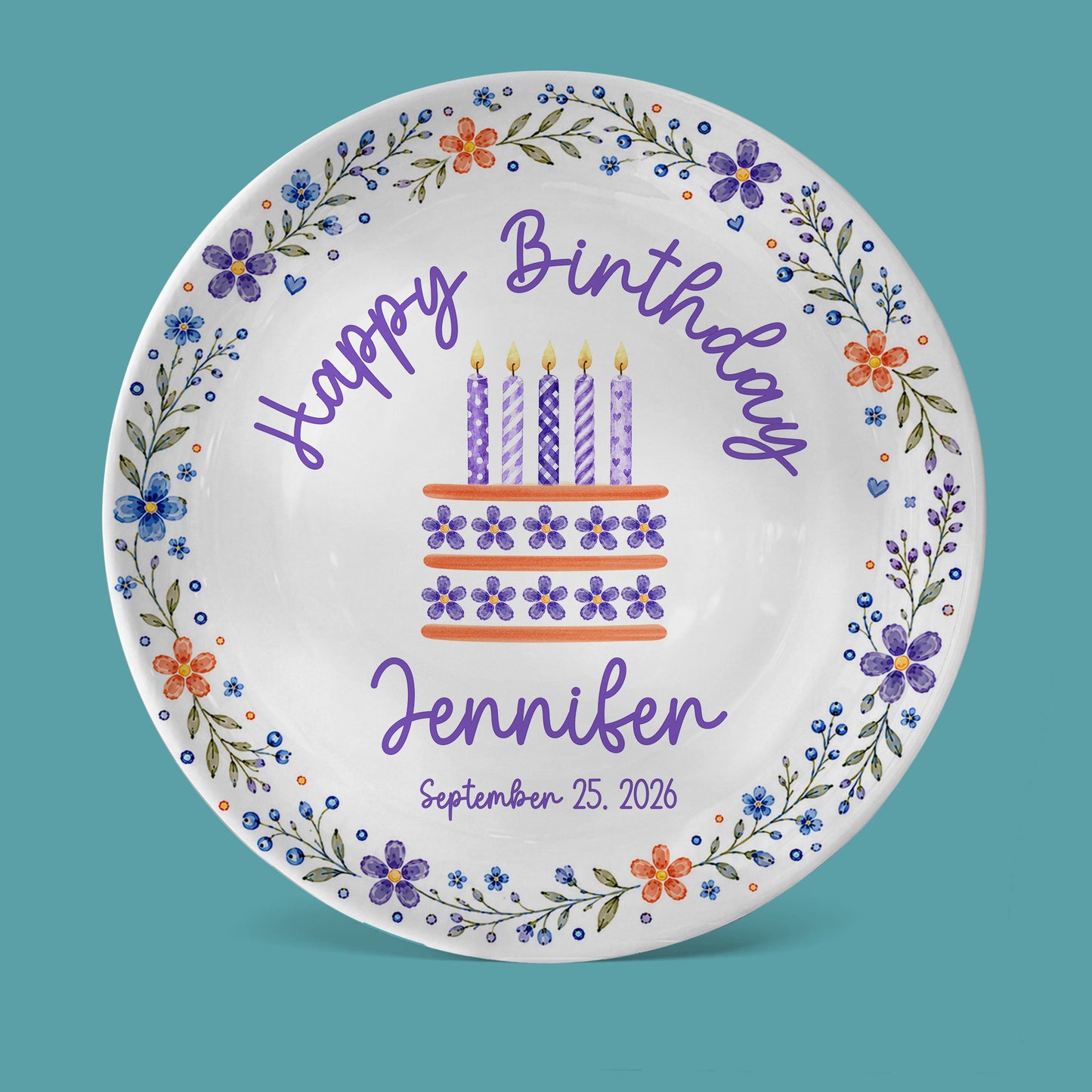 Purple Floral Personalized Birthday Plate for Girls, Custom Birthday Keepsake Gift P723G7E0