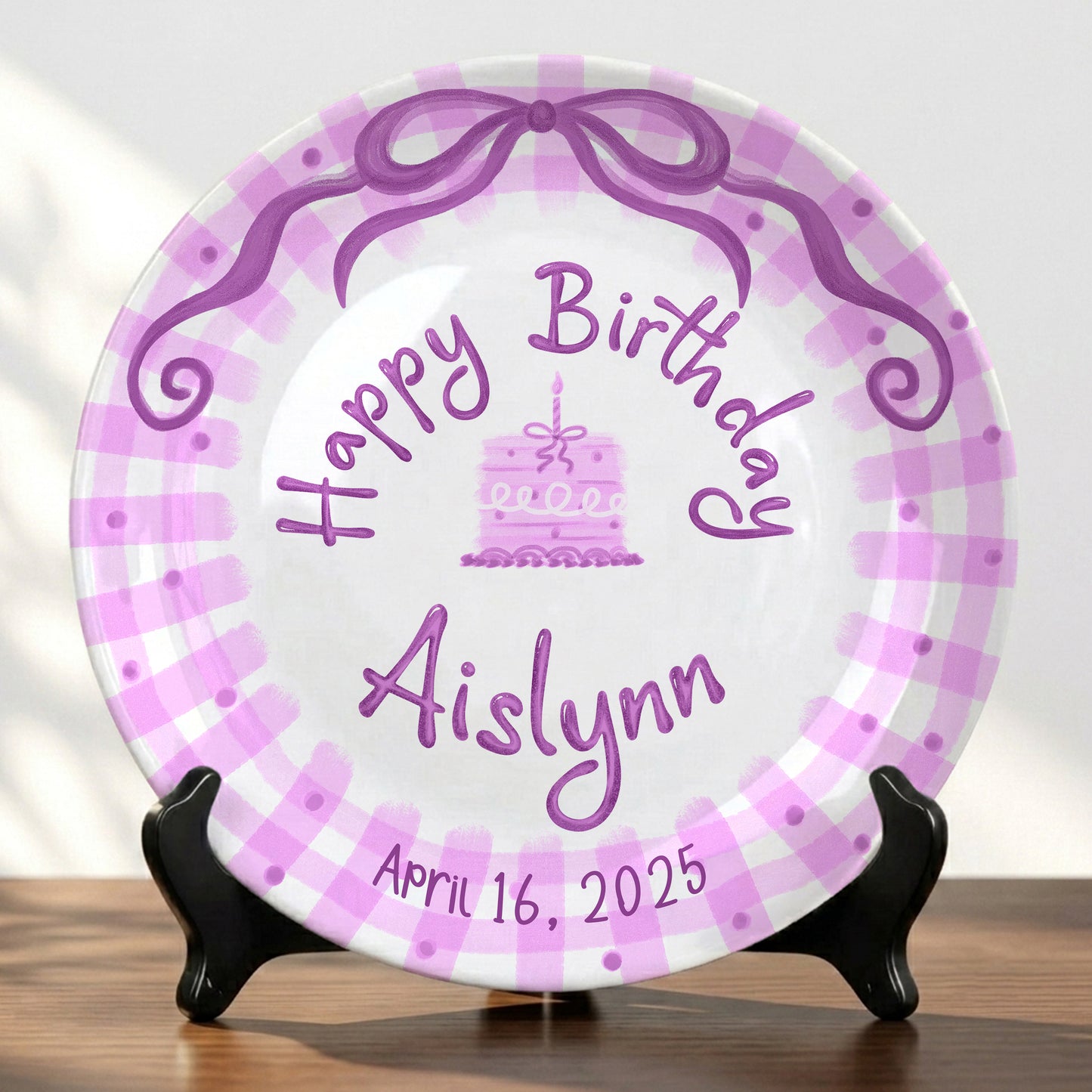 Pink Gingham Bow Personalized Birthday Plate for Kids, Custom Name and Date Ceramic Keepsake P85LHL0