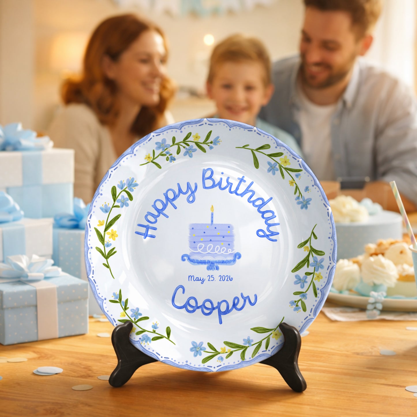 Blue Floral Cake Personalized Birthday Plate P5149BT0