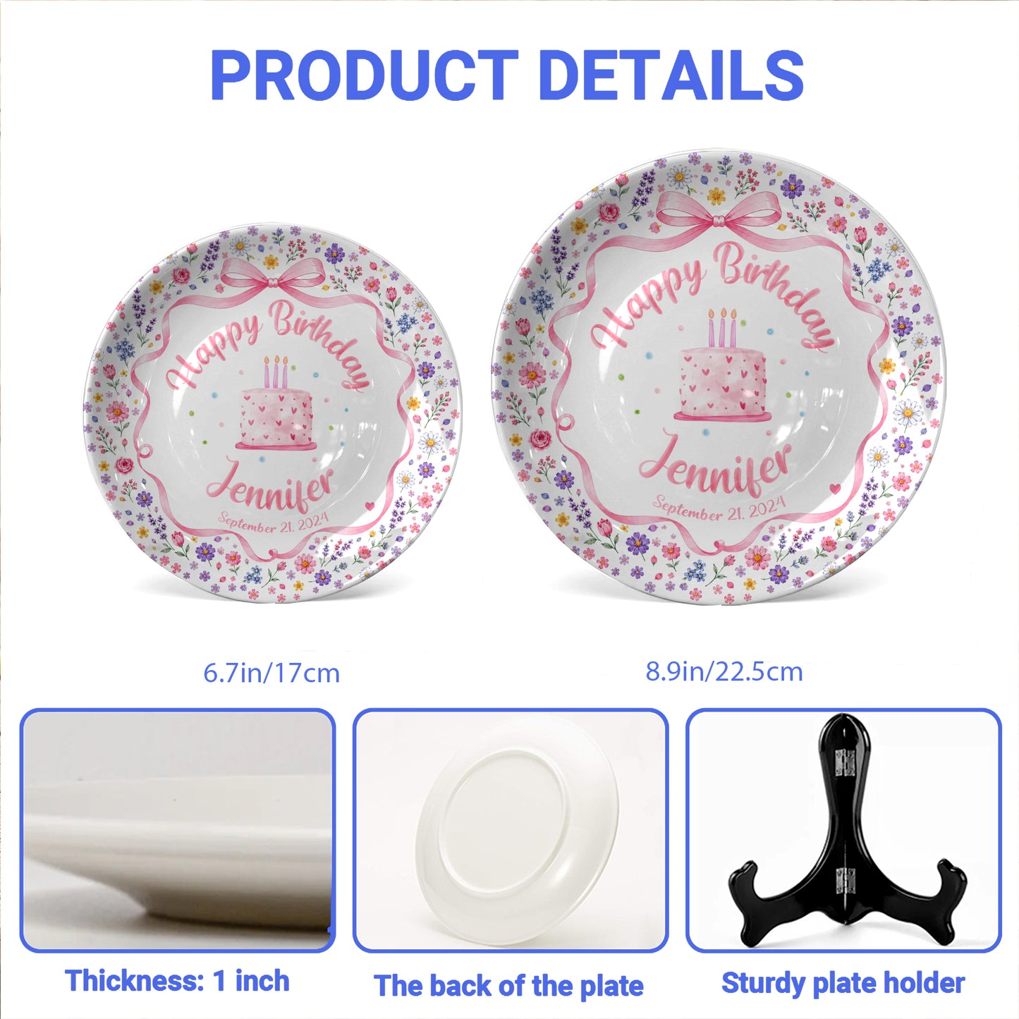 Pink Bow Floral Cake Personalized Birthday Plate P624WCW0