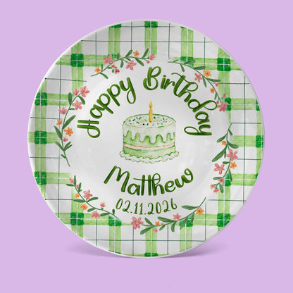 Green Gingham Daisy Birthday Keepsake Personalized Birthday Plate P627TBG0