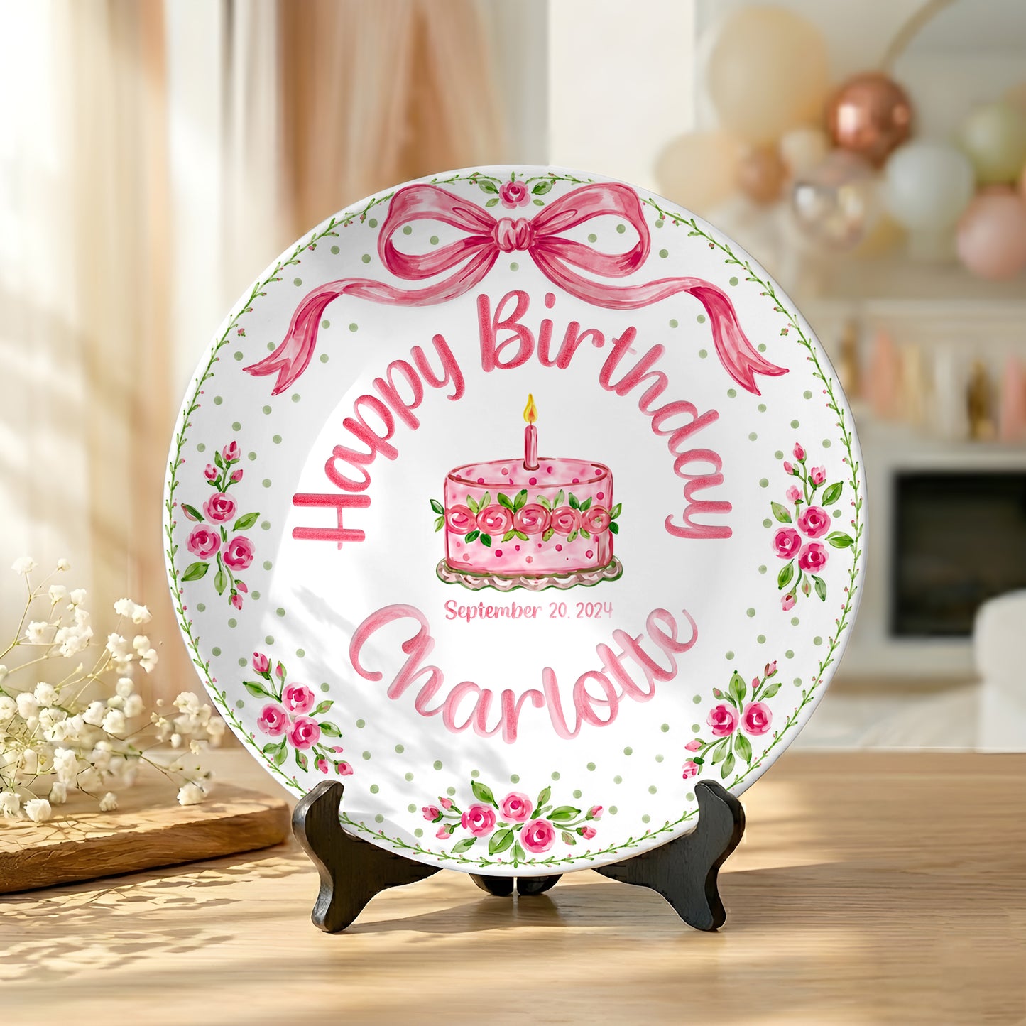 Pink Bow Rose Cake Personalized Birthday Plate P520QZN0