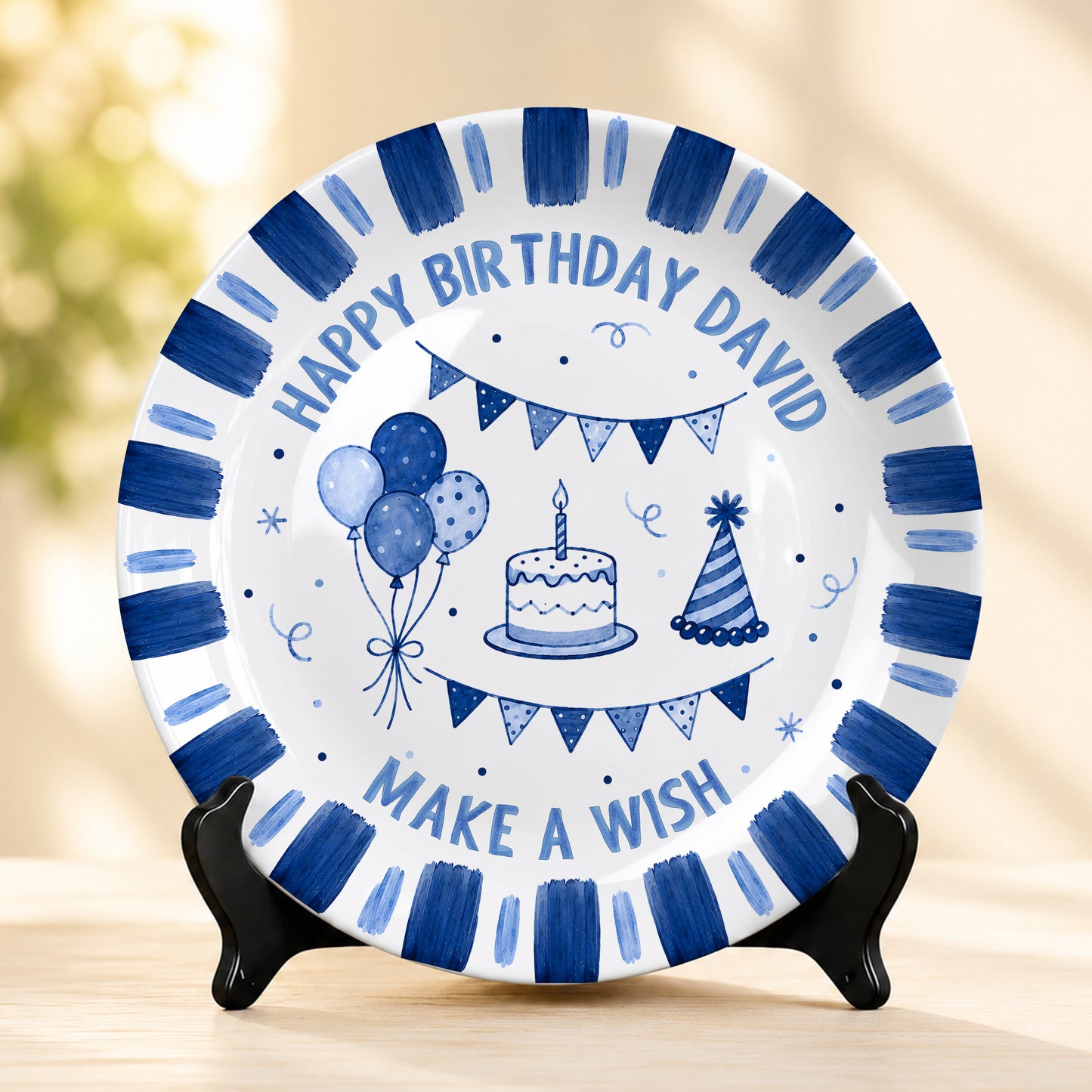 Blue Checkered Birthday Candles Personalized Birthday Plate D779CS0
