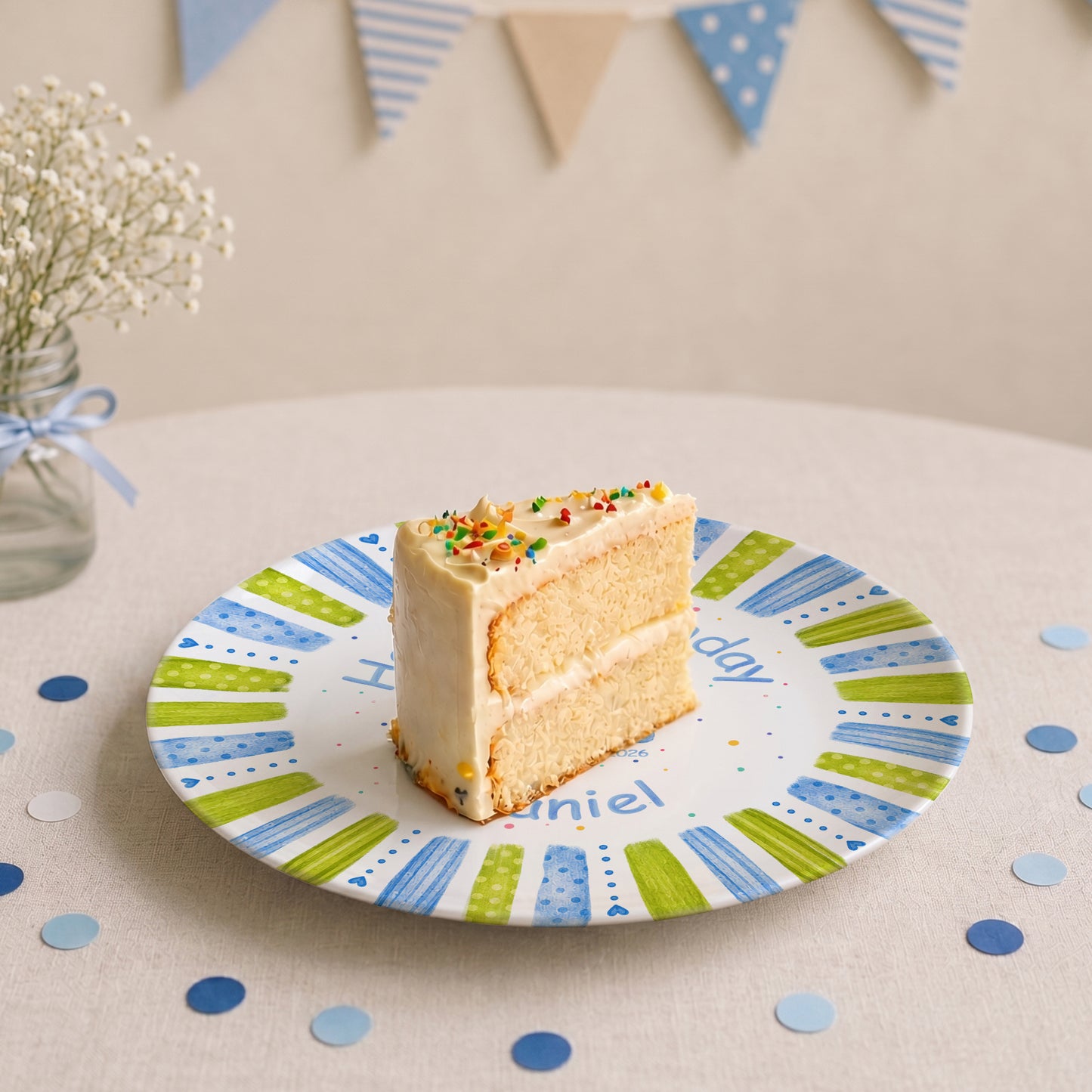 Blue Green Stripe Cake Personalized Birthday Plate P66M130