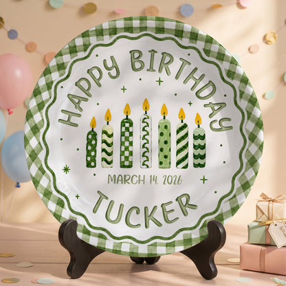 Green Gingham Birthday Candles Keepsake Personalized Birthday Plate for Kids P72333Z0