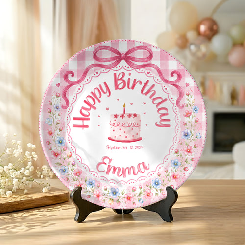 Pink Gingham Floral Bow Cake Personalized Birthday Plate for Girls P520UDC0
