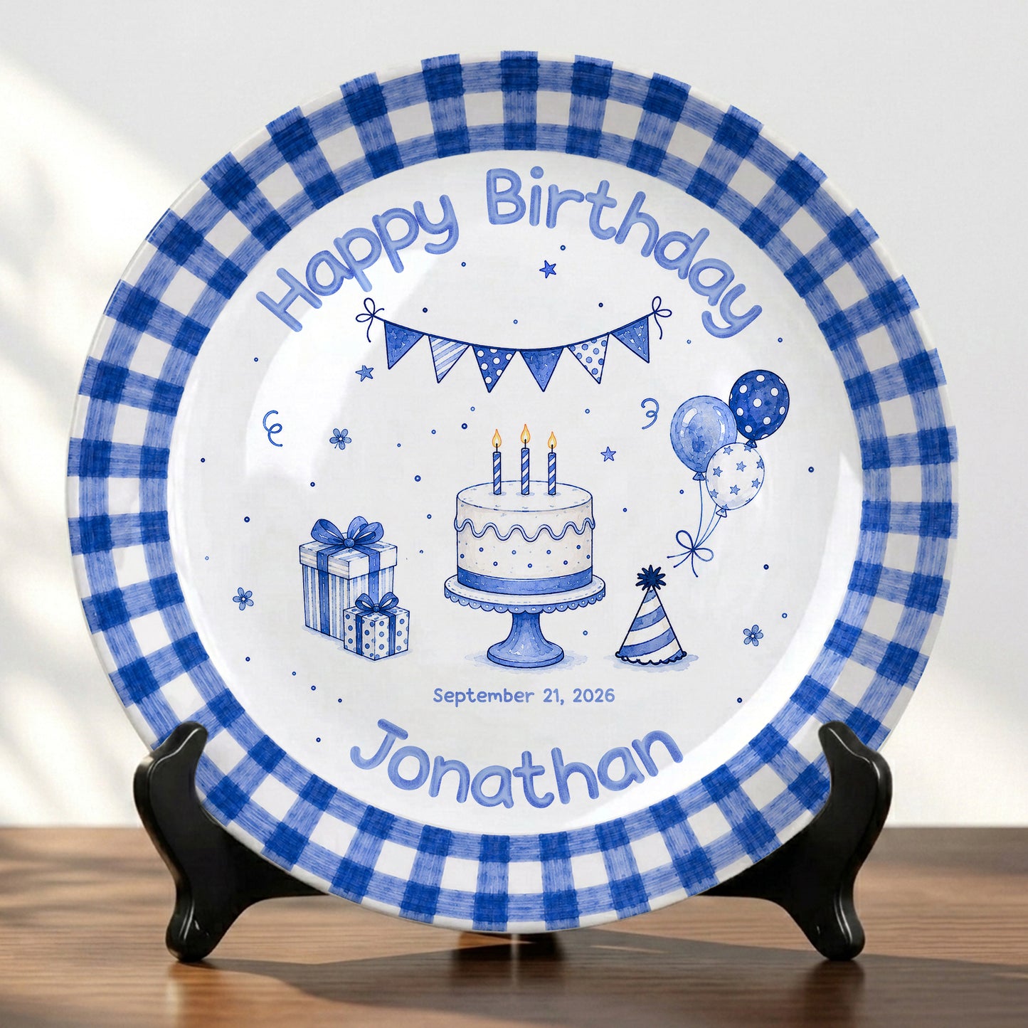 Blue Checkered Personalized Birthday Plate for Kids, Custom Name and Date Ceramic Keepsake P85XBL0