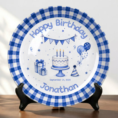 Blue Checkered Personalized Birthday Plate for Kids, Custom Name and Date Ceramic Keepsake P85XBL0