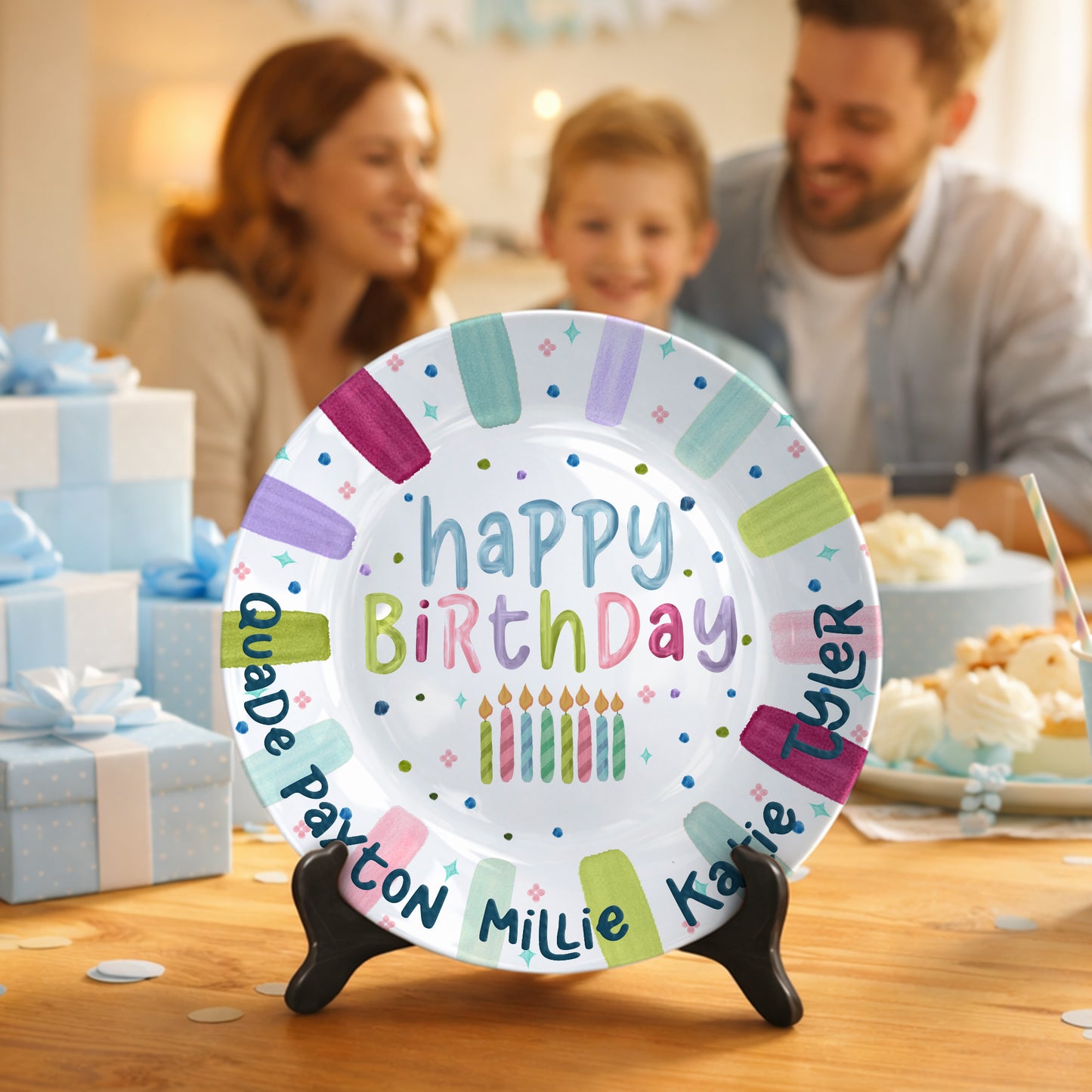 Rainbow Stripe Candle Personalized Birthday Plate for Kids P525IDR0