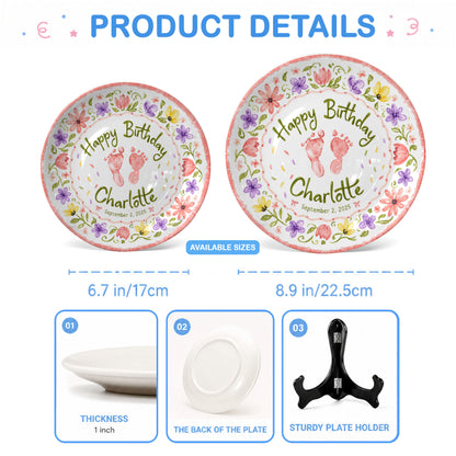 Floral Baby Footprint Personalized Birthday Plate for Girl, First Birthday Keepsake P727CV20