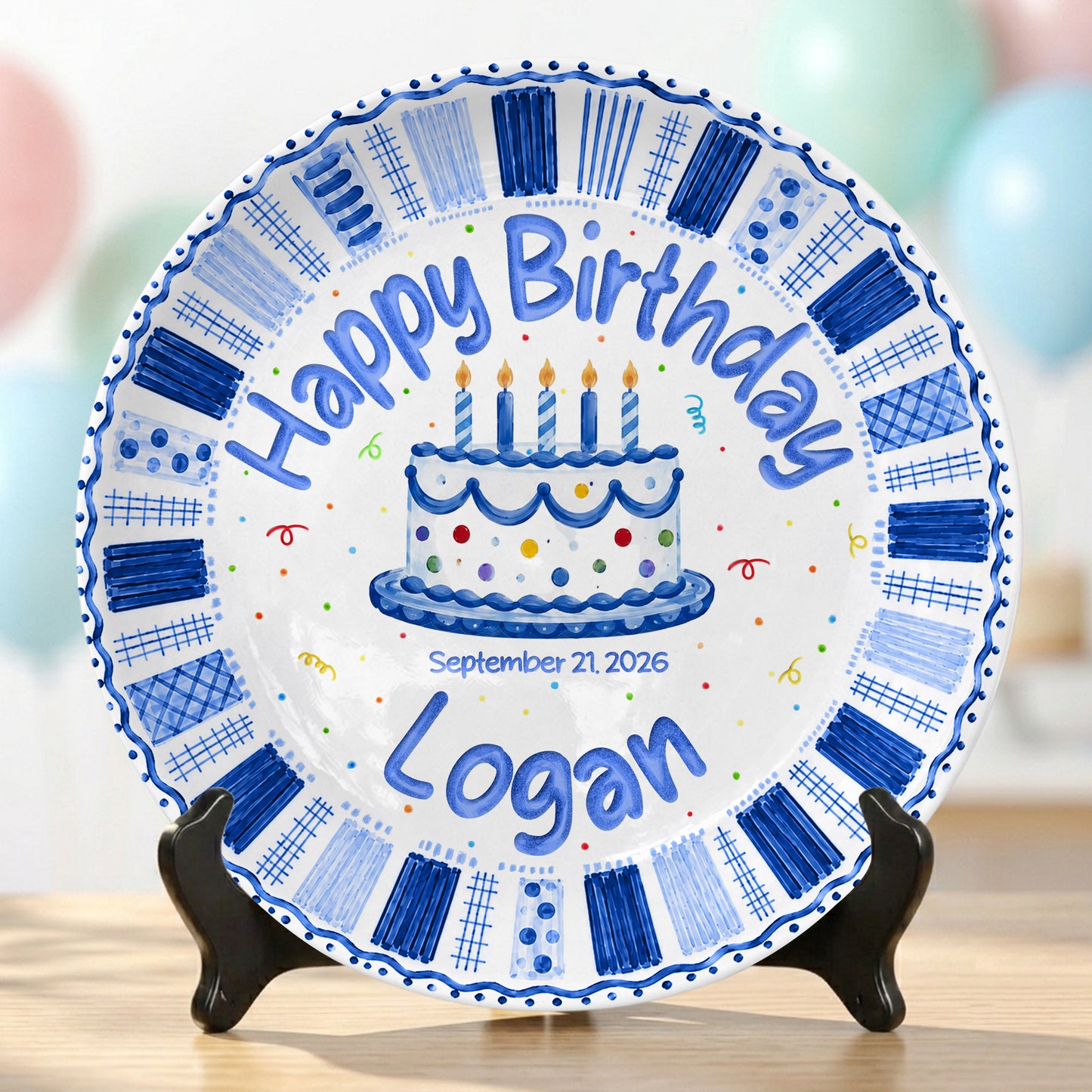 Blue Checkered Cake Personalized Birthday Plate for Boys Birthday Gift P812TGN0
