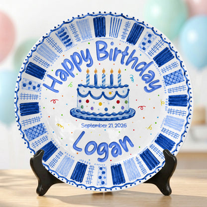 Blue Checkered Cake Personalized Birthday Plate for Boys Birthday Gift P812TGN0