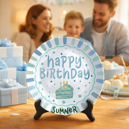 Blue and Mint Striped Border with Teal Cake Slice Personalized Birthday Plate D43D5V0