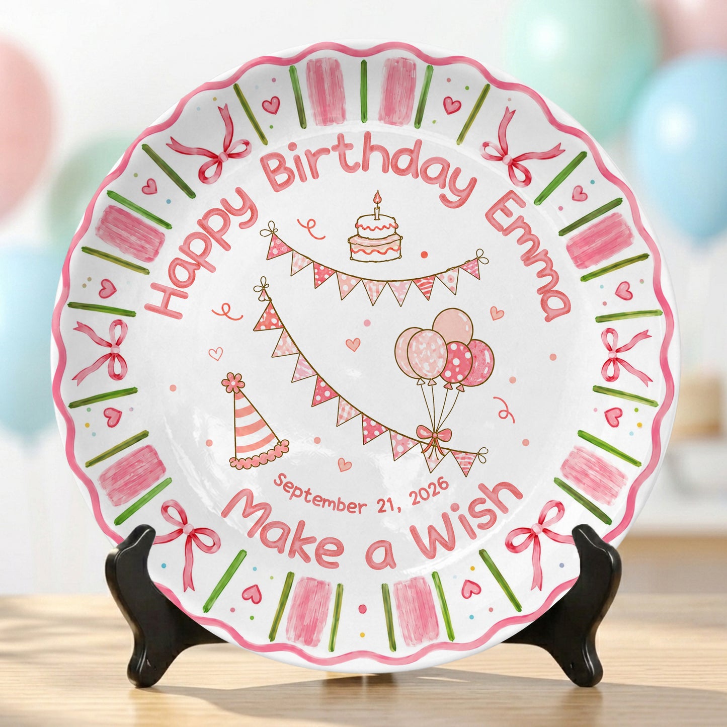 Pink Floral Girl Cake Balloon Make Wish Personalized Birthday Plate P810UCS0