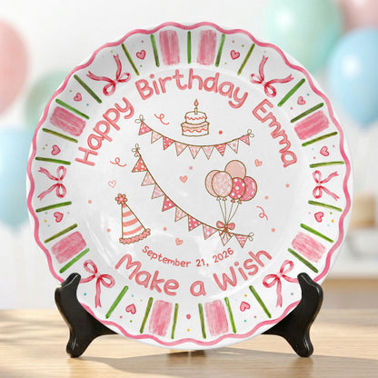 Pink Floral Girl Cake Balloon Make Wish Personalized Birthday Plate P810UCS0