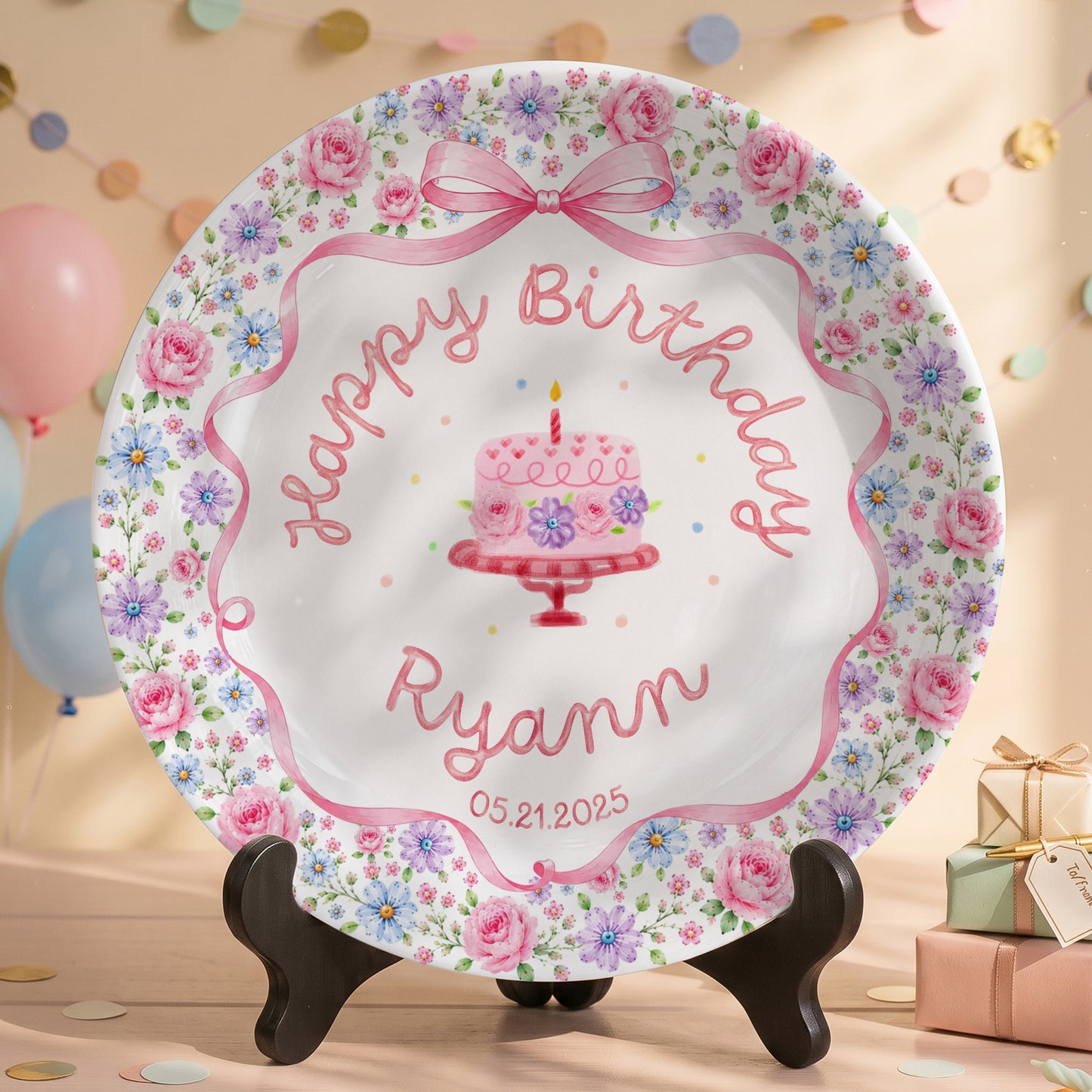 Pink Bow Floral Birthday Keepsake Personalized Birthday Plate D73RDS0