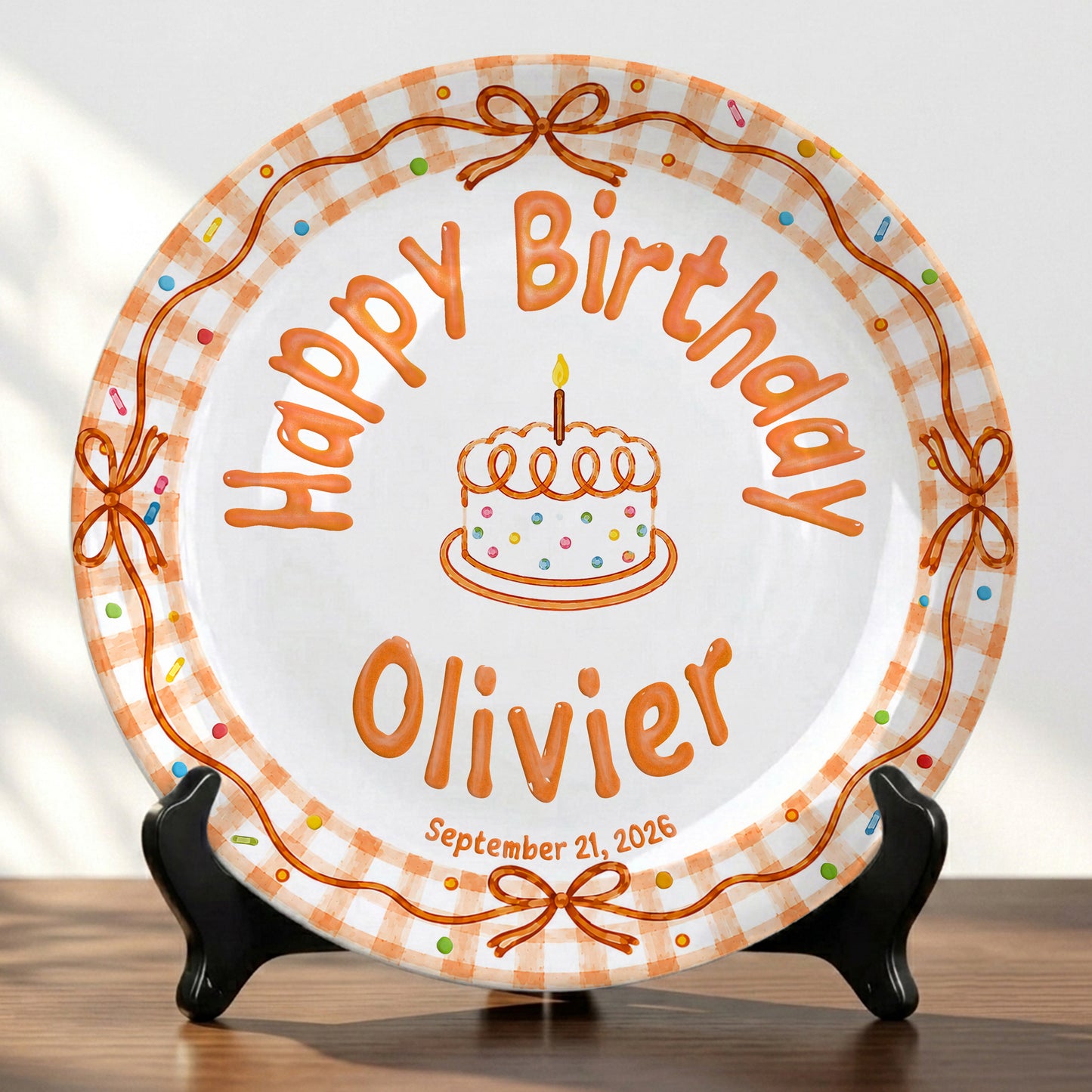 Orange Gingham Bow Personalized Birthday Plate for Kids, Custom Name and Date Ceramic Keepsake P85RP60