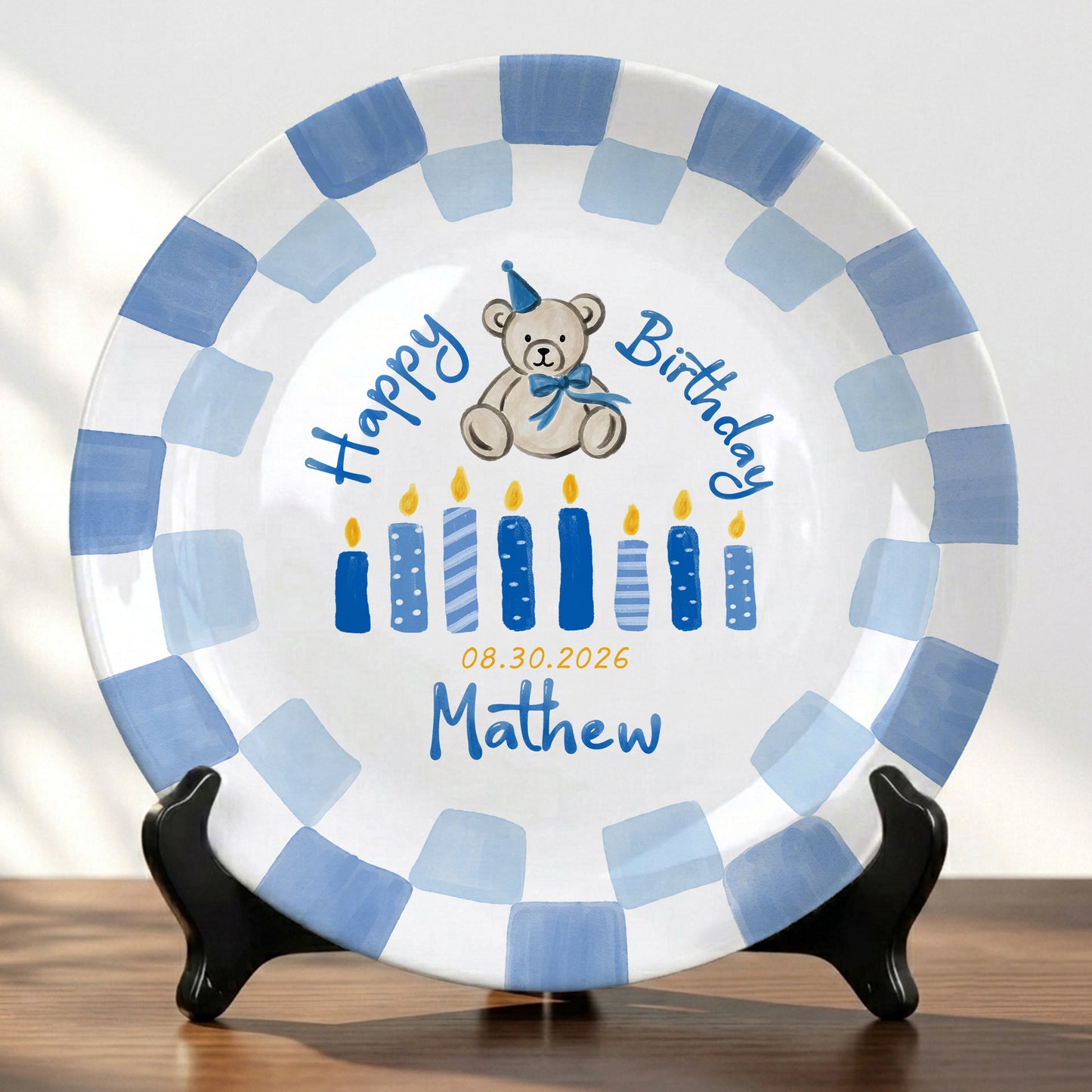 Blue Teddy Bear Birthday Cake Keepsake Personalized Birthday Plate For Kids Gift P713IUP0