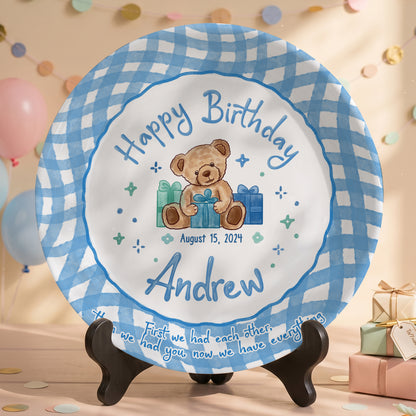 Blue Teddy Bear Birthday Keepsake Personalized Birthday Plate for Baby Boy P625FJ00