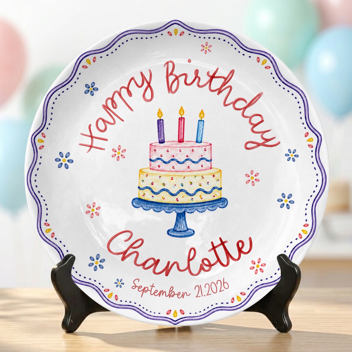 Colorful Cake Scalloped Personalized Birthday Plate for Girls First Gift P810G360