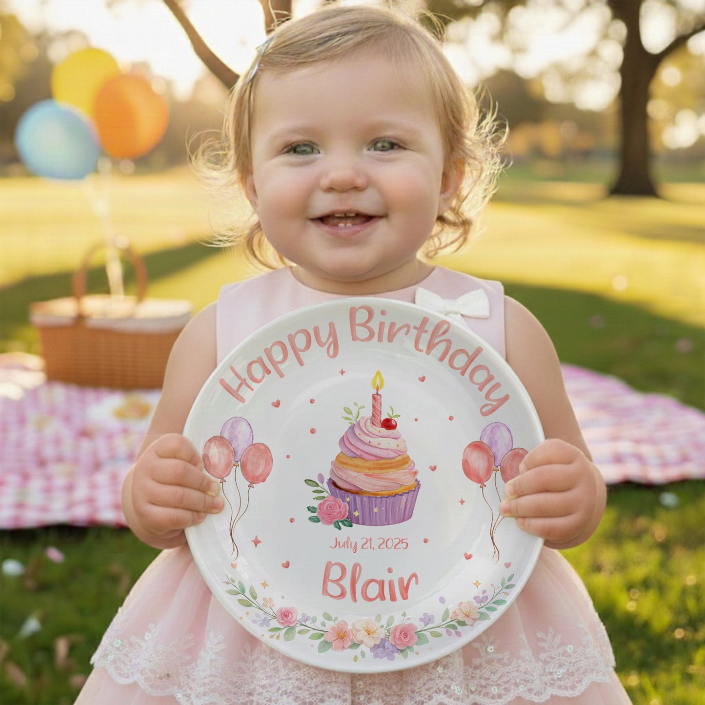 Cupcake with Balloons and Floral Personalized Birthday Plate D319DJS0