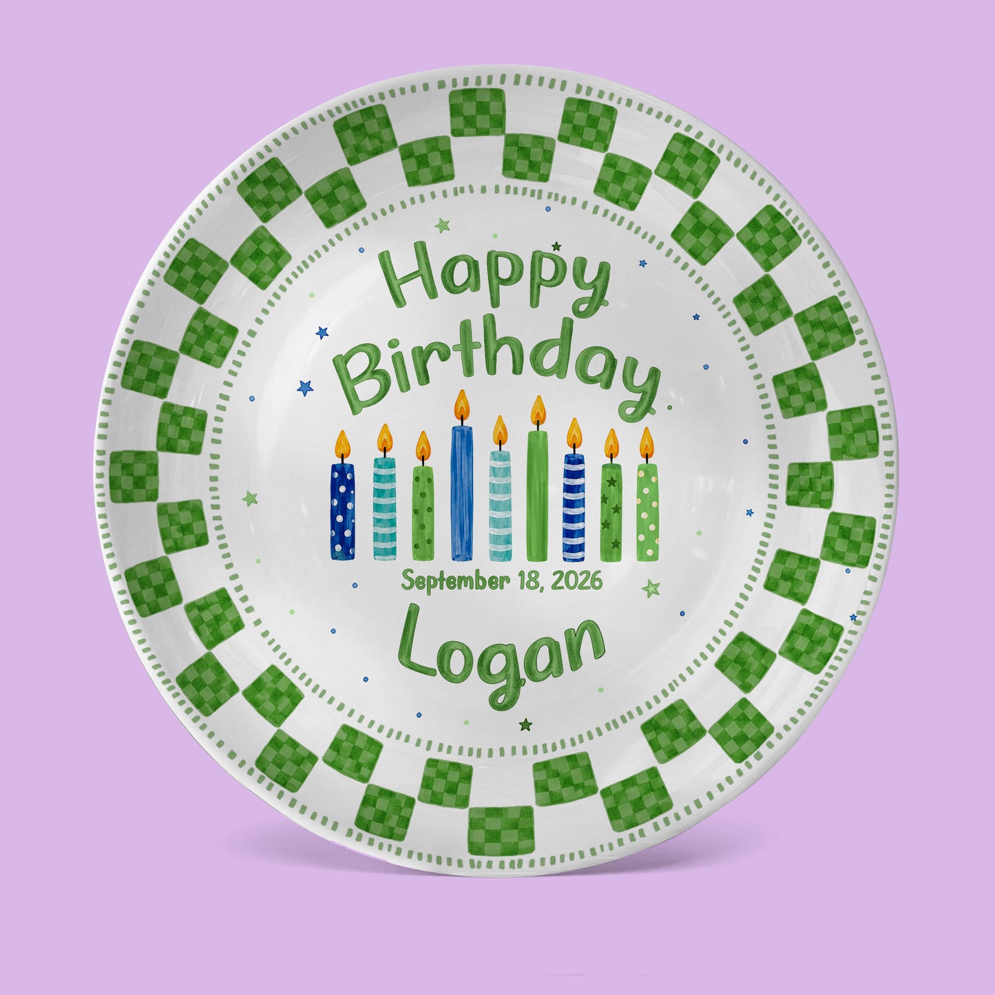 Green Checker Birthday Candles Keepsake Personalized Birthday Plate D78C8H0