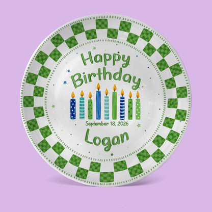 Green Checker Birthday Candles Keepsake Personalized Birthday Plate D78C8H0