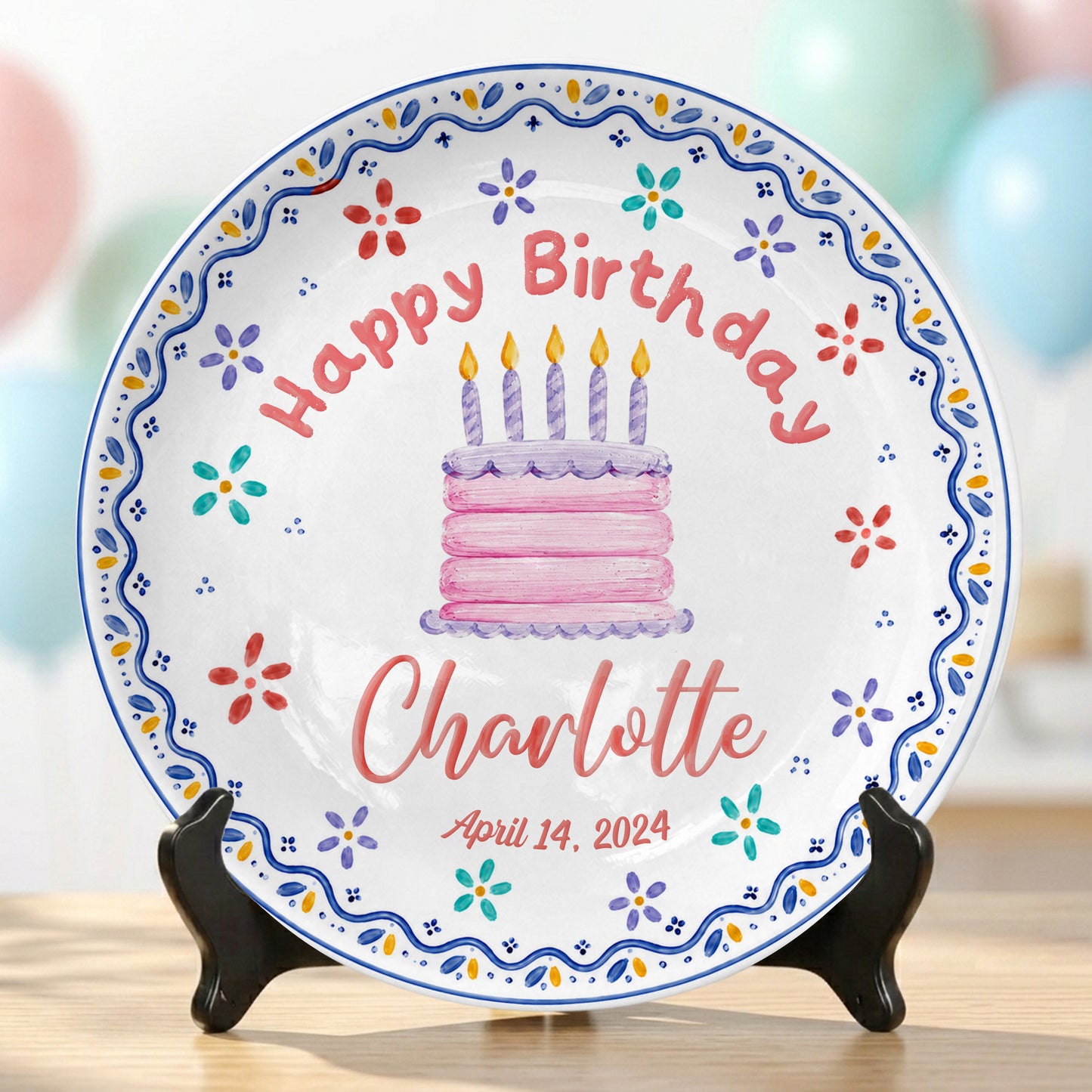 Colorful Floral Cake Design Personalized Birthday Plate for Little Girls P814DYI0