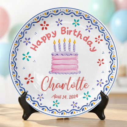 Colorful Floral Cake Design Personalized Birthday Plate for Little Girls P814DYI0