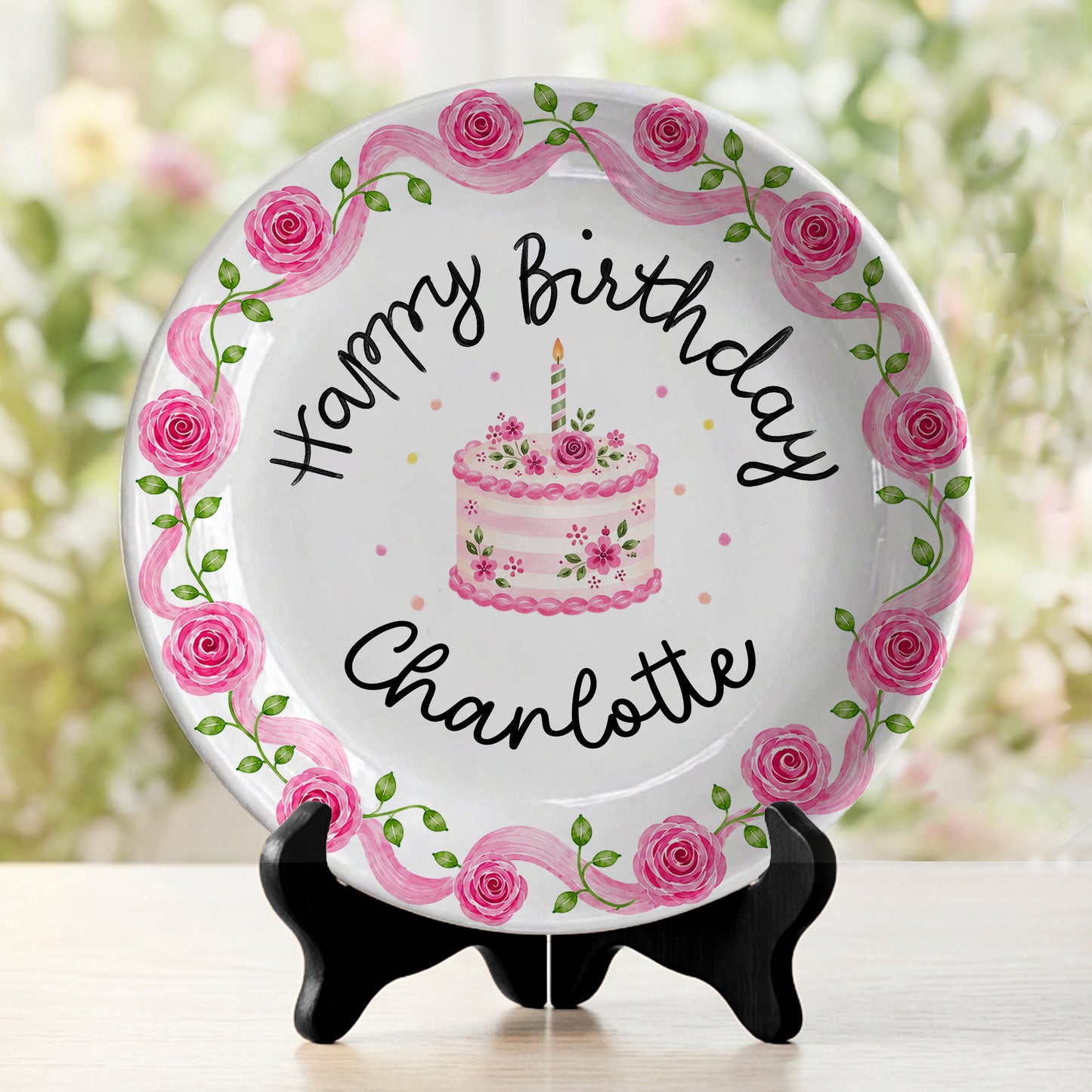 Pink Rose Cake Personalized Birthday Plate P729XQR0