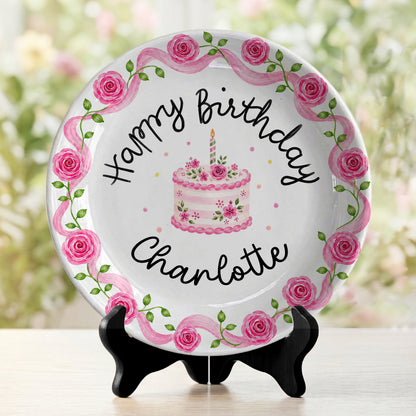 Pink Rose Cake Personalized Birthday Plate P729XQR0