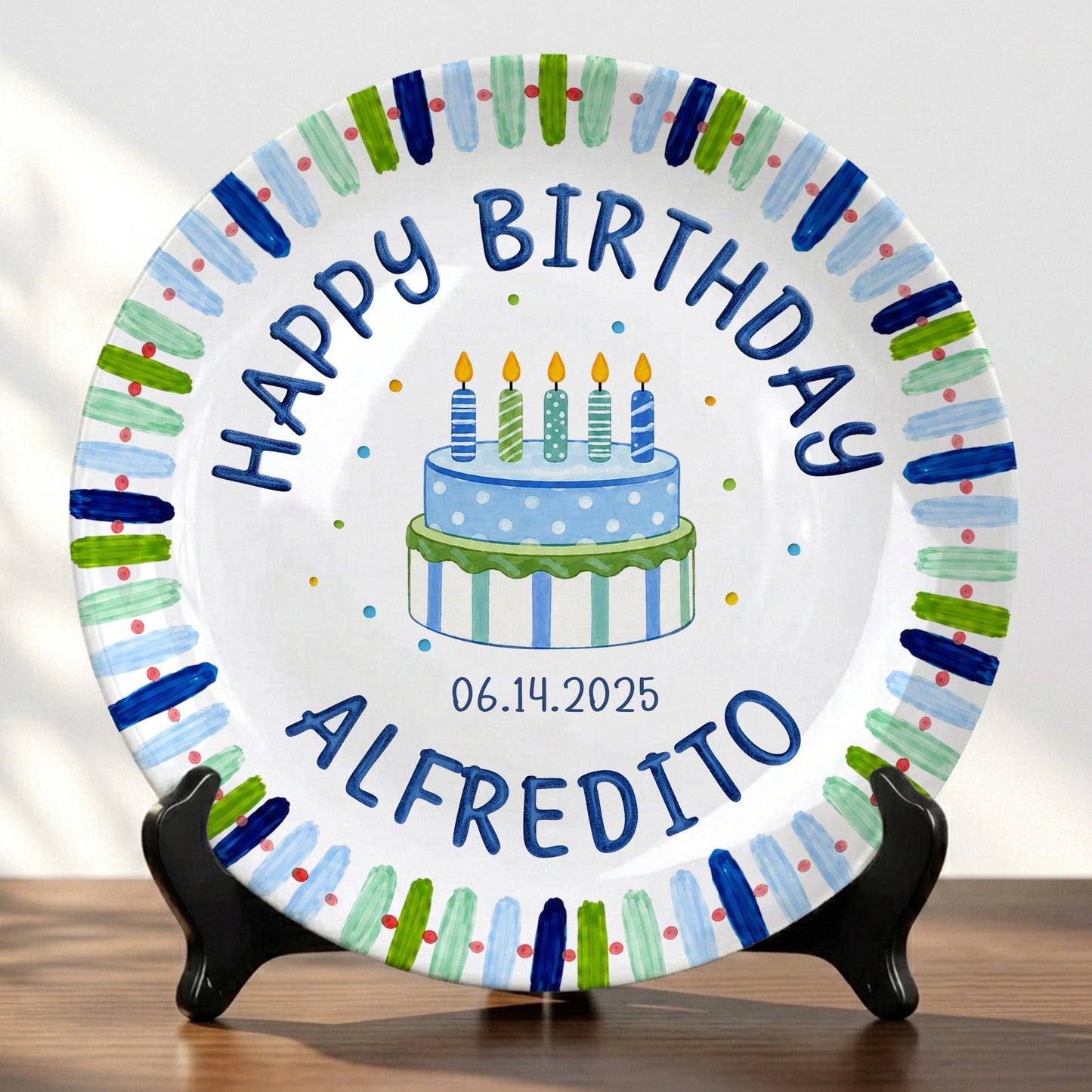 Blue Stripe Birthday Cake Personalized Birthday Plate P728HNA0