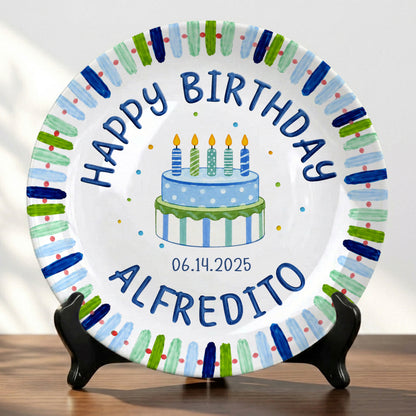 Blue Stripe Birthday Cake Personalized Birthday Plate P728HNA0