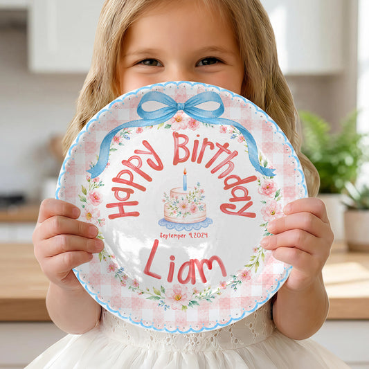 Blue Bow Gingham Floral Personalized Birthday Plate P561Y10