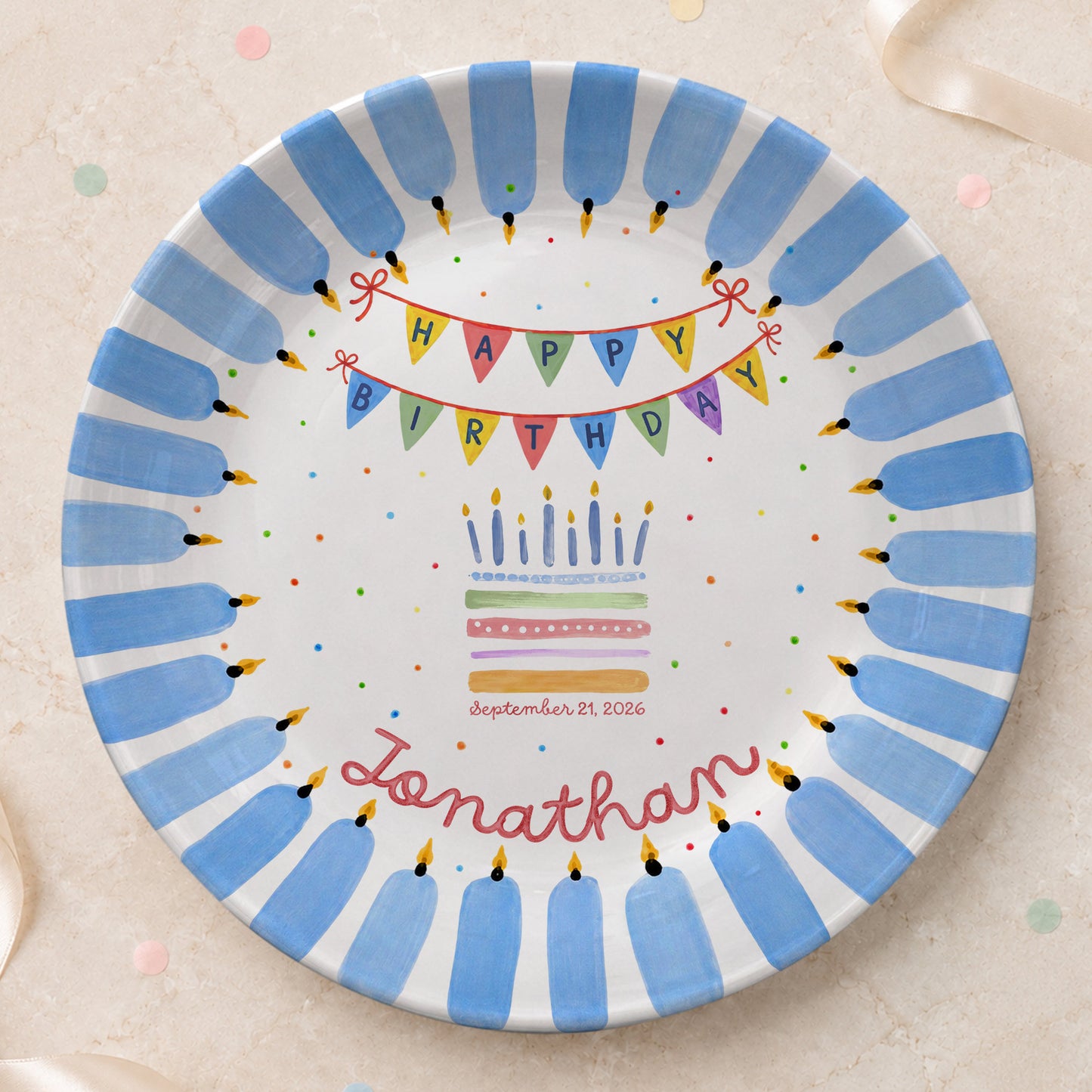 Colorful Party Banner Cake Custom Name Keepsake Personalized Birthday Plate P825IVY0