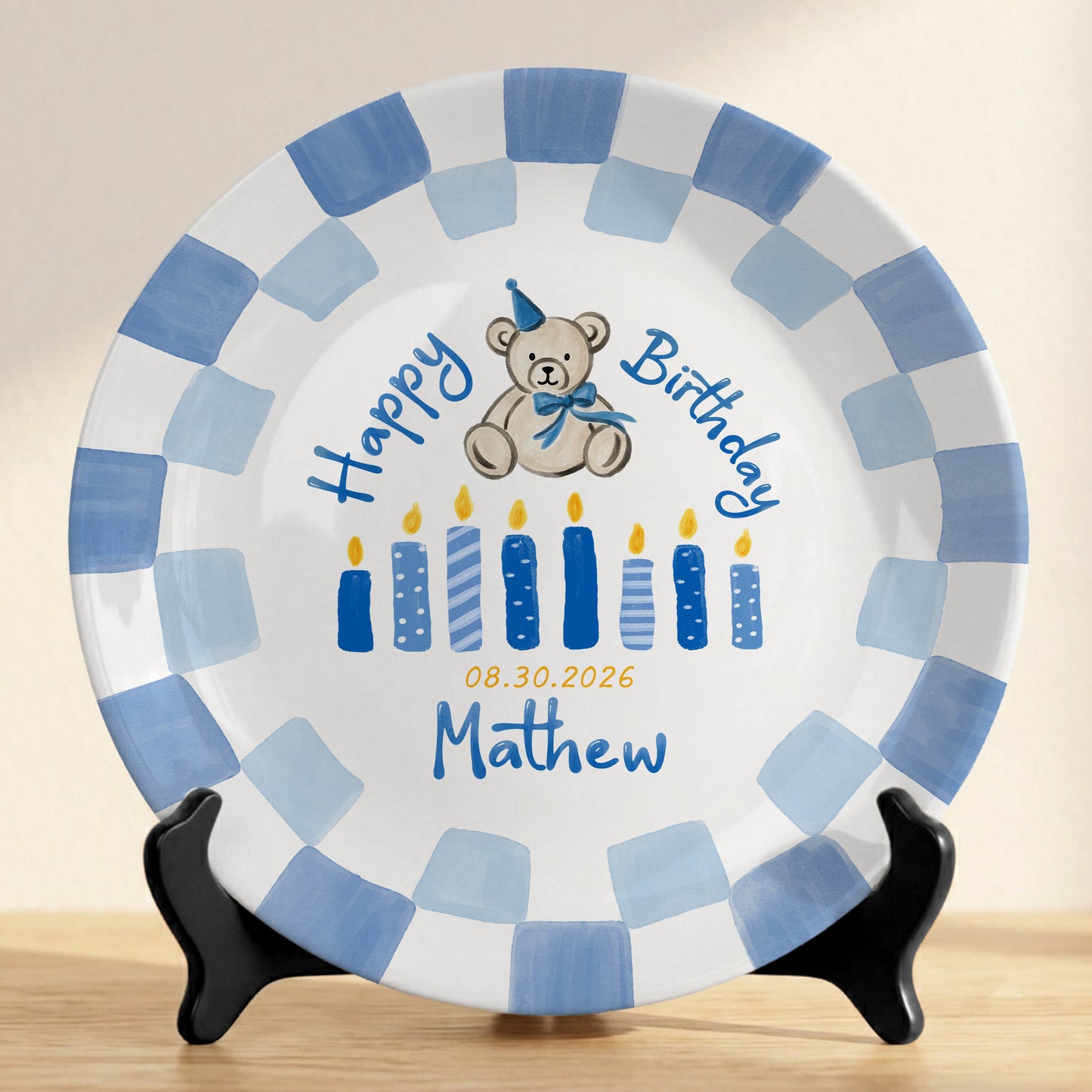 Blue Teddy Bear Birthday Cake Keepsake Personalized Birthday Plate For Kids Gift P713IUP0