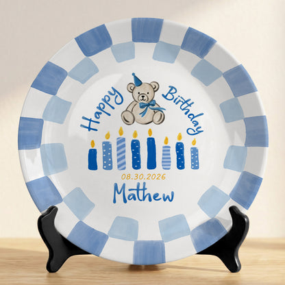 Blue Teddy Bear Birthday Cake Keepsake Personalized Birthday Plate For Kids Gift P713IUP0