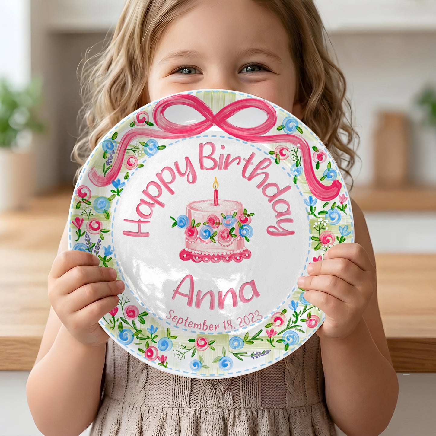 Floral Wreath with Pink Bow Personalized Birthday Plate P410DXJ0
