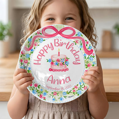 Floral Wreath with Pink Bow Personalized Birthday Plate P410DXJ0