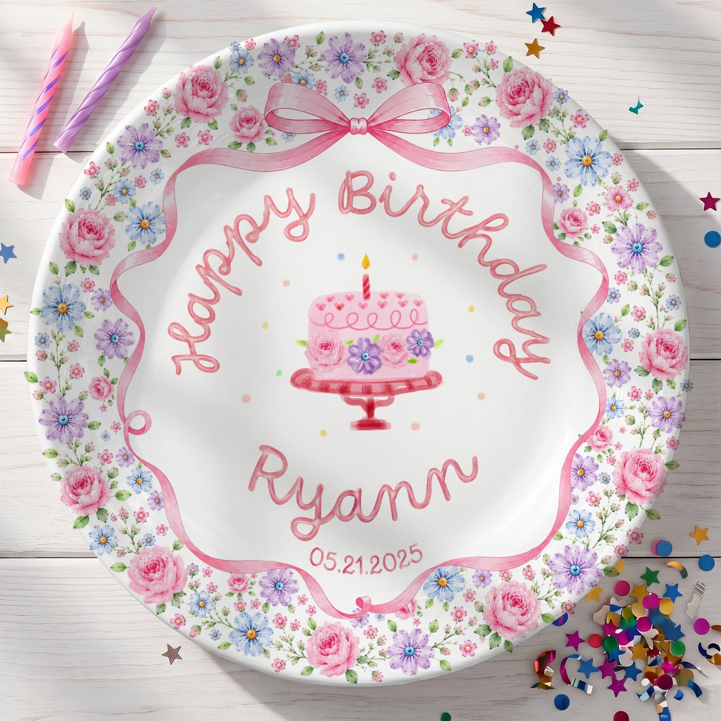 Pink Bow Floral Birthday Keepsake Personalized Birthday Plate D73RDS0