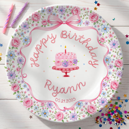 Pink Bow Floral Birthday Keepsake Personalized Birthday Plate D73RDS0