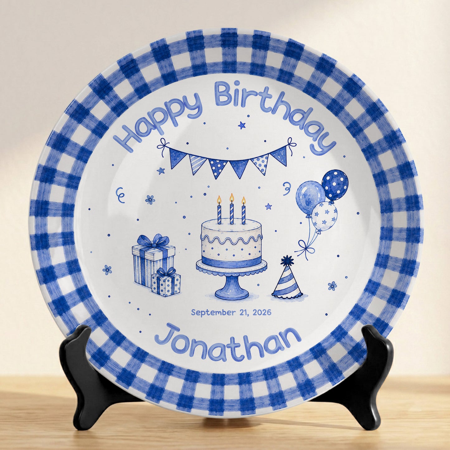Blue Checkered Personalized Birthday Plate for Kids, Custom Name and Date Ceramic Keepsake P85XBL0