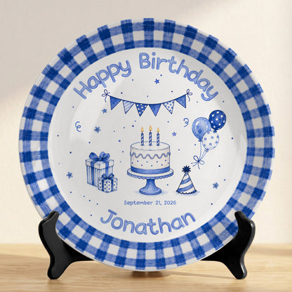 Blue Checkered Personalized Birthday Plate for Kids, Custom Name and Date Ceramic Keepsake P85XBL0